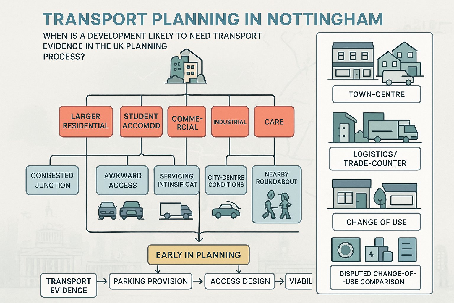 Decision-tree infographic showing when Nottingham developments may need transport evidence.