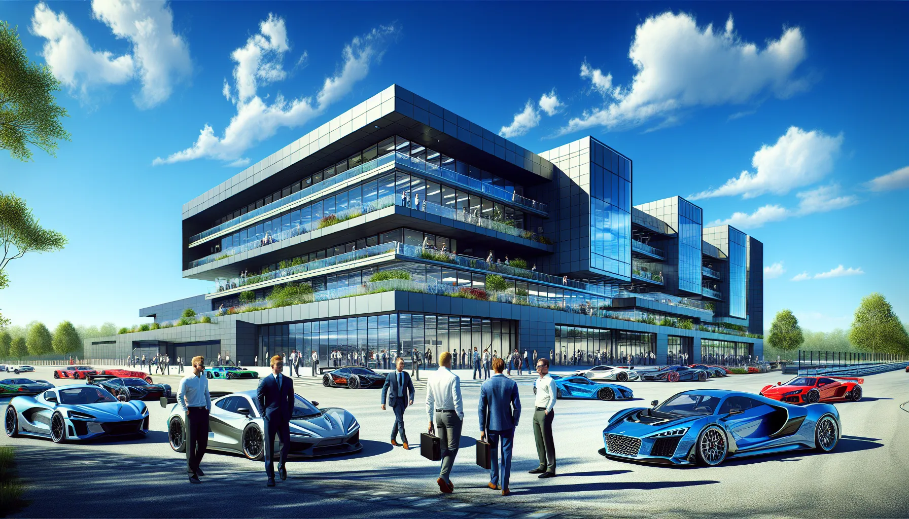 modern racing facility with diverse professionals outside.