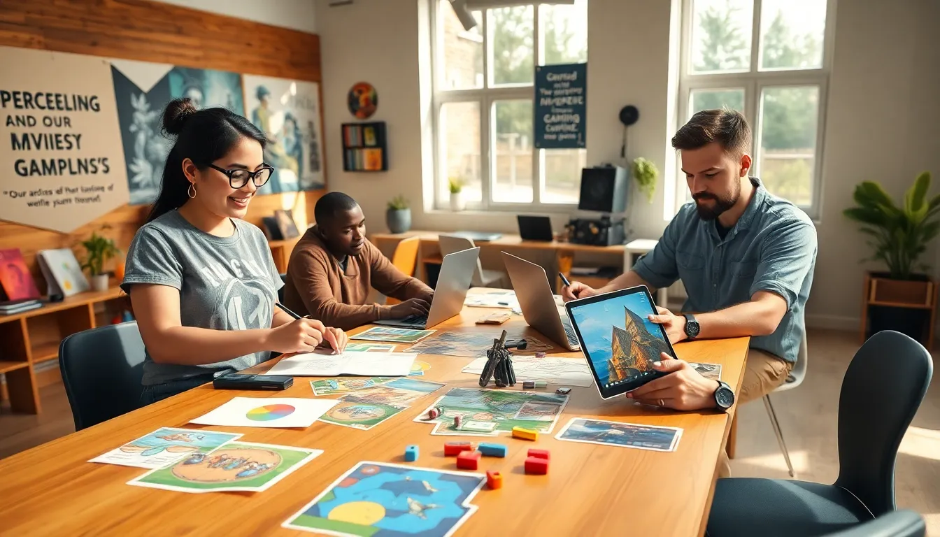 three game designers collaborating on a new project in a creative studio.