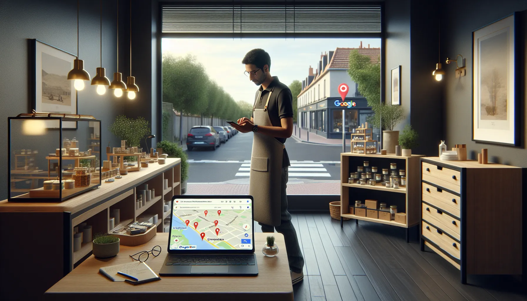 Small business owner in Limeil-Brévannes checking Google search and Maps on phone.