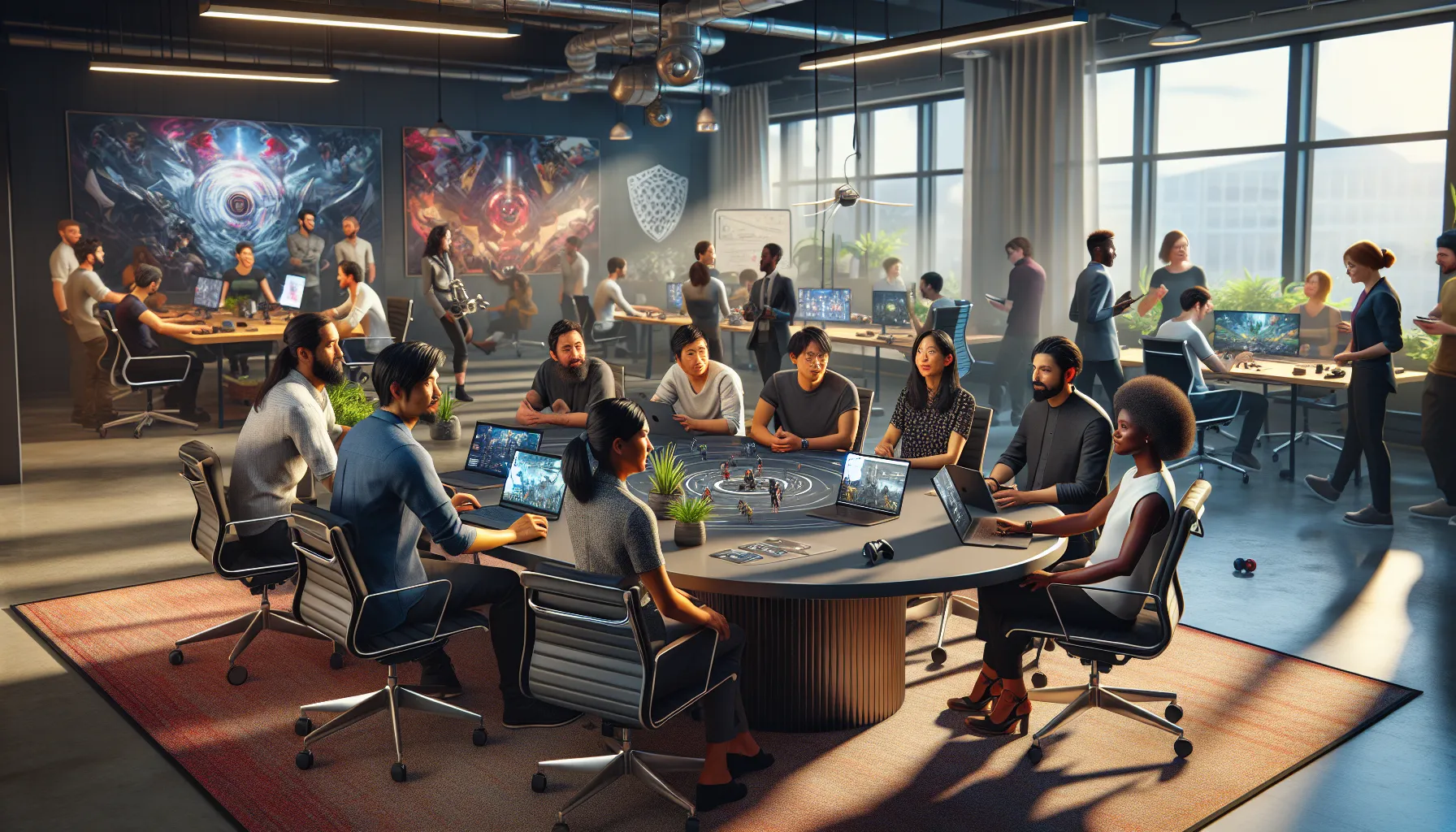 diverse team discussing gaming ideas in a modern studio setting.