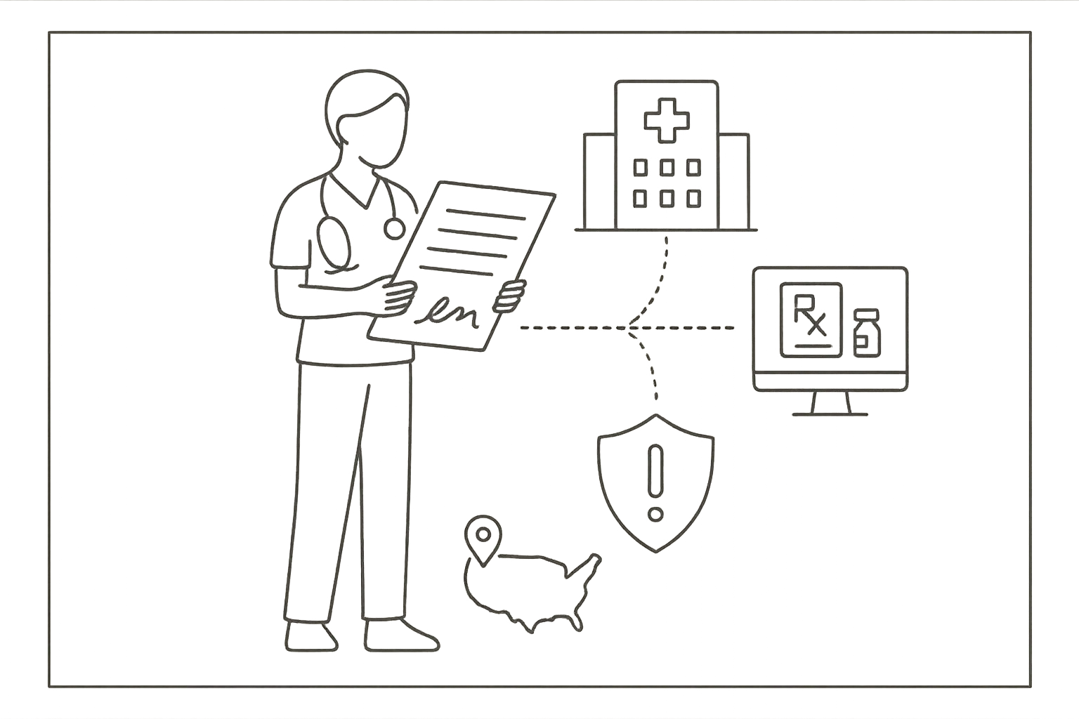 Nurse practitioner reviewing a contract with icons for hospital, telehealth, and liability.
