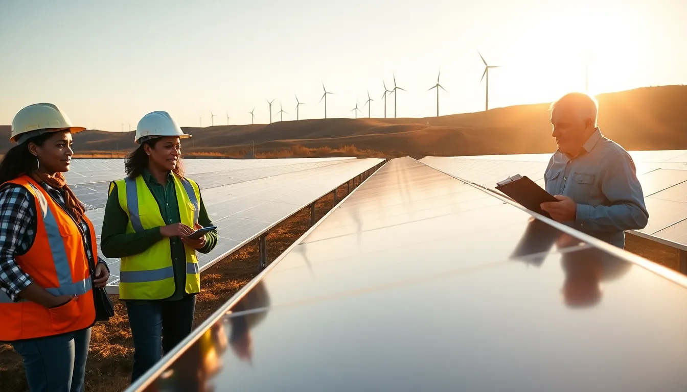 engineers collaborating at a solar energy facility in the United States.