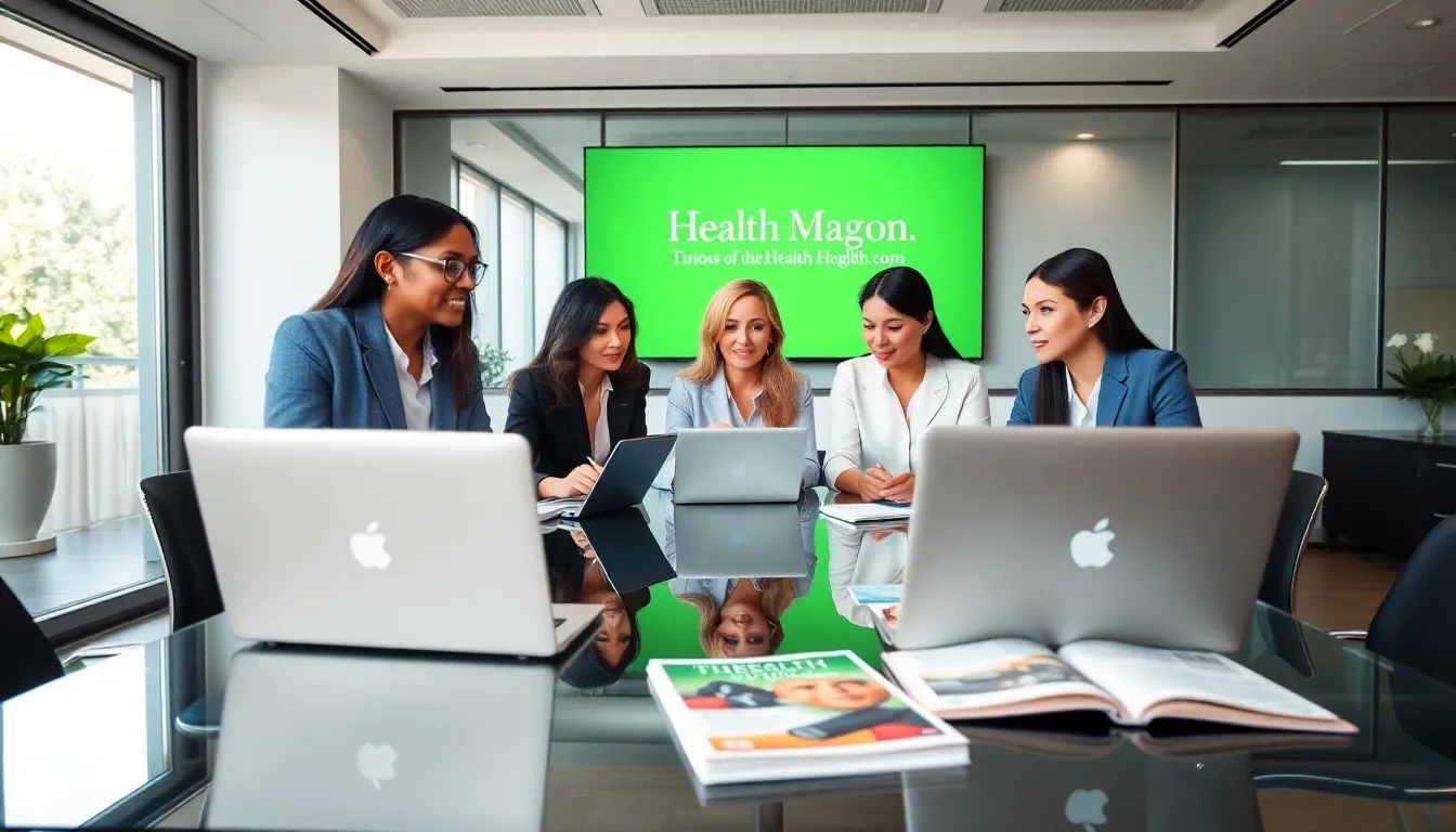 diverse team collaborating on health topics in a modern office.
