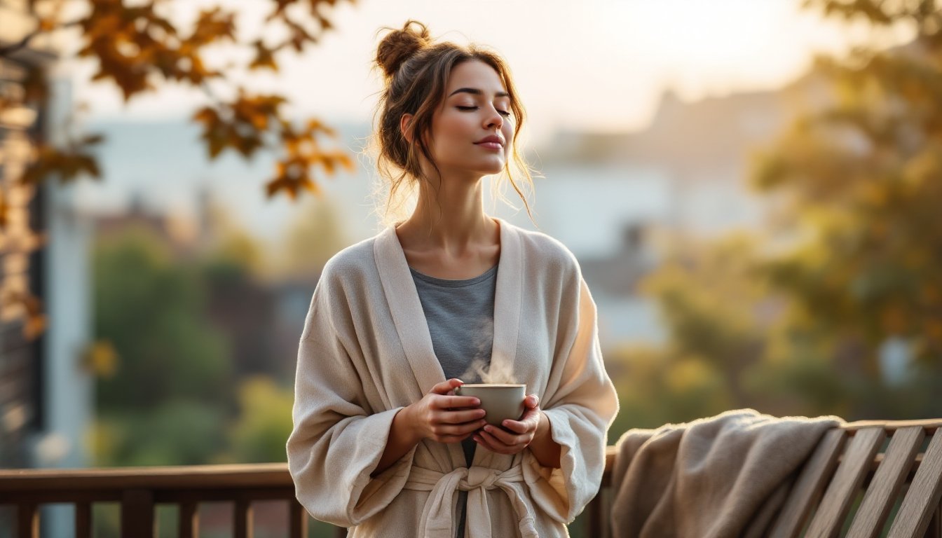 A woman holding tea on a balcony enjoying morning sunlight at sunrise.