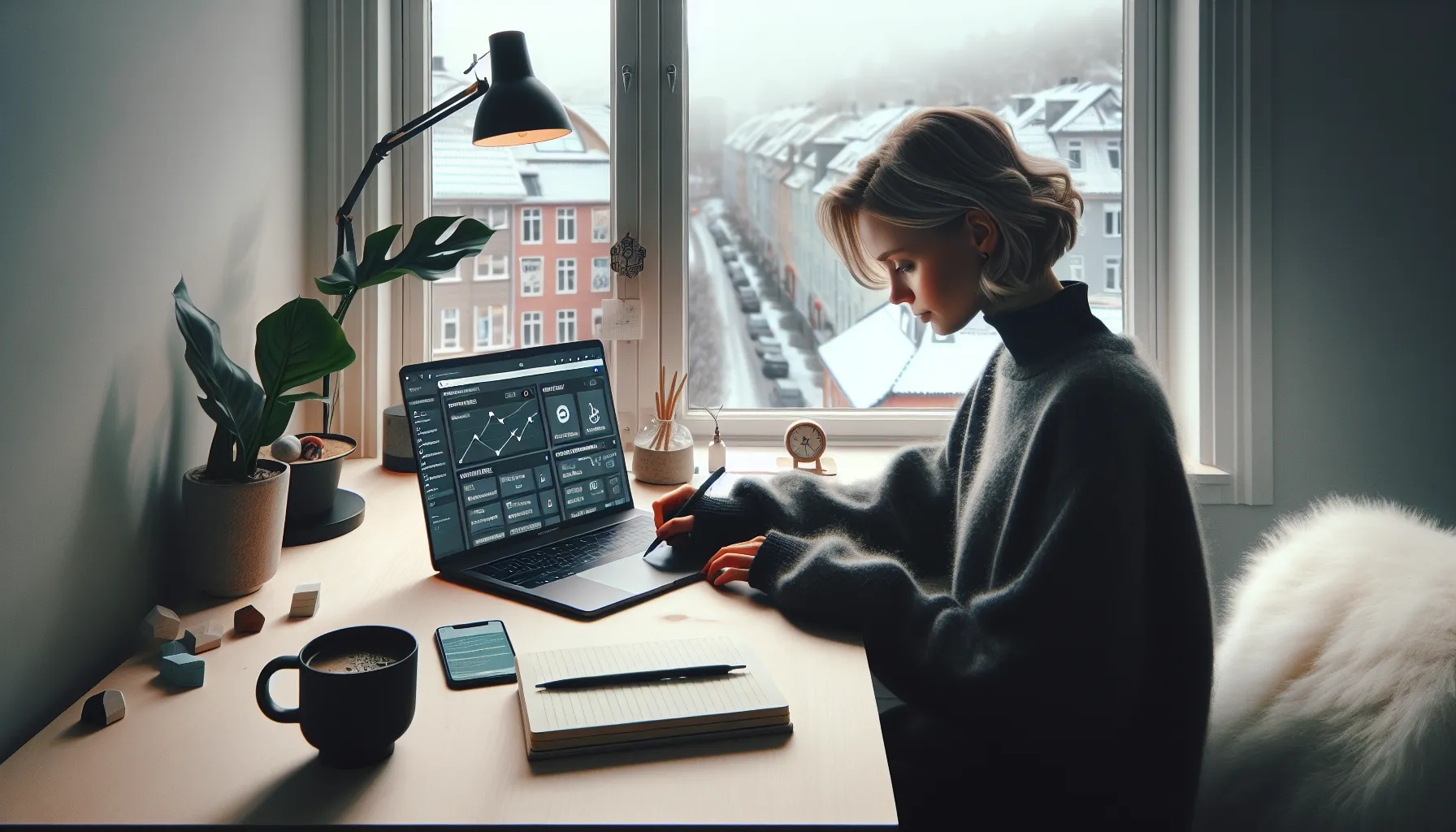 Hvordan tjene penger på å utvikle og selge digitale produkter 3 Norwegian creator compares saas, courses, and media packs at a sunlit desk.