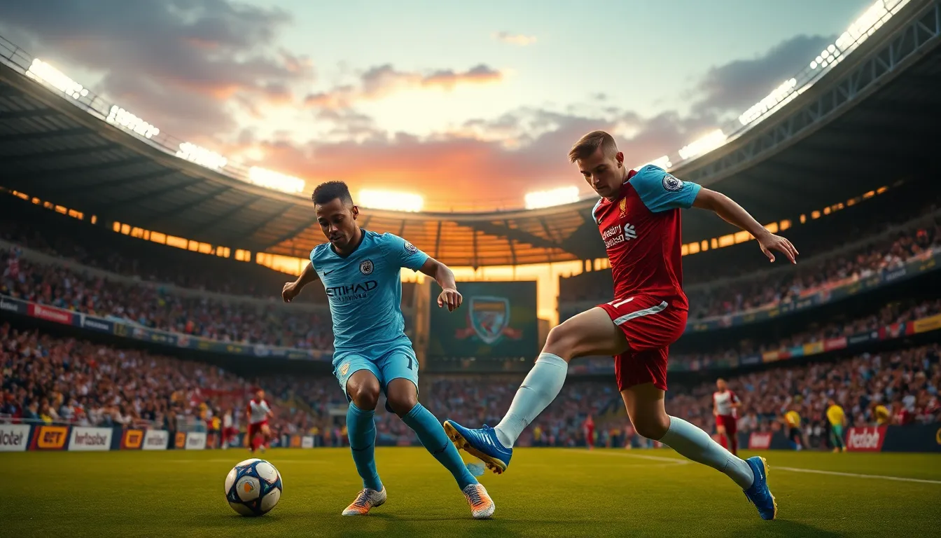 intense football match with Manchester City and Liverpool players competing