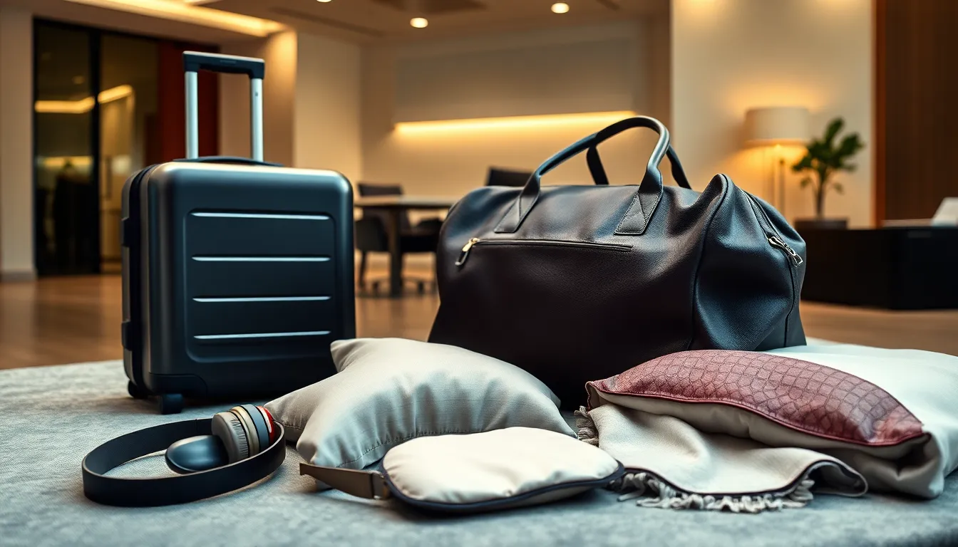 stylish luggage and luxury travel accessories on a plush surface.