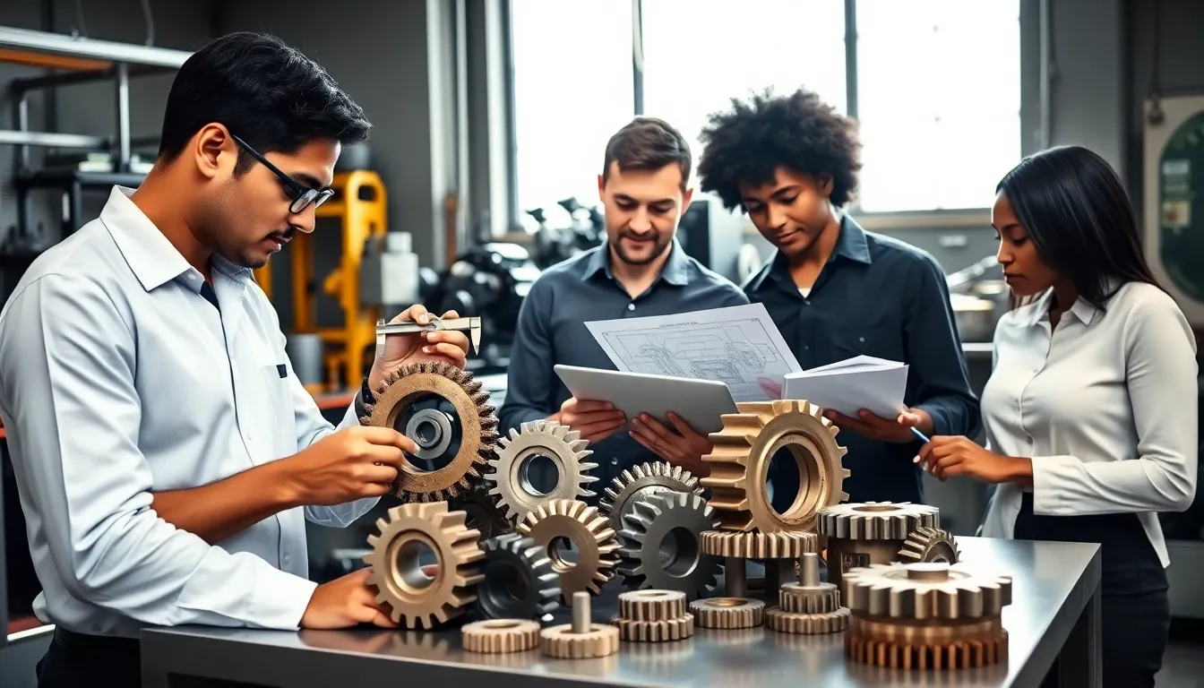 engineers examining gears in a modern workshop setting.