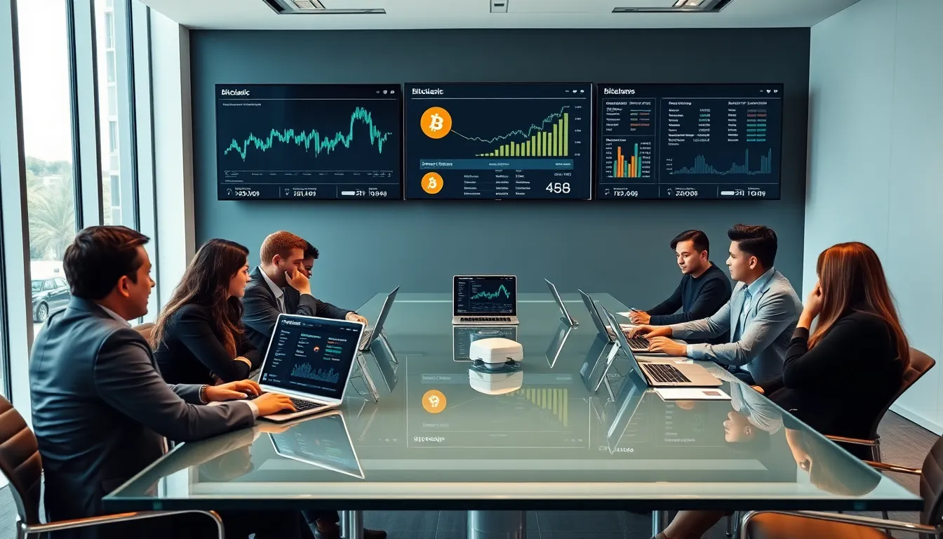 diverse team discussing cryptocurrency in a modern office.