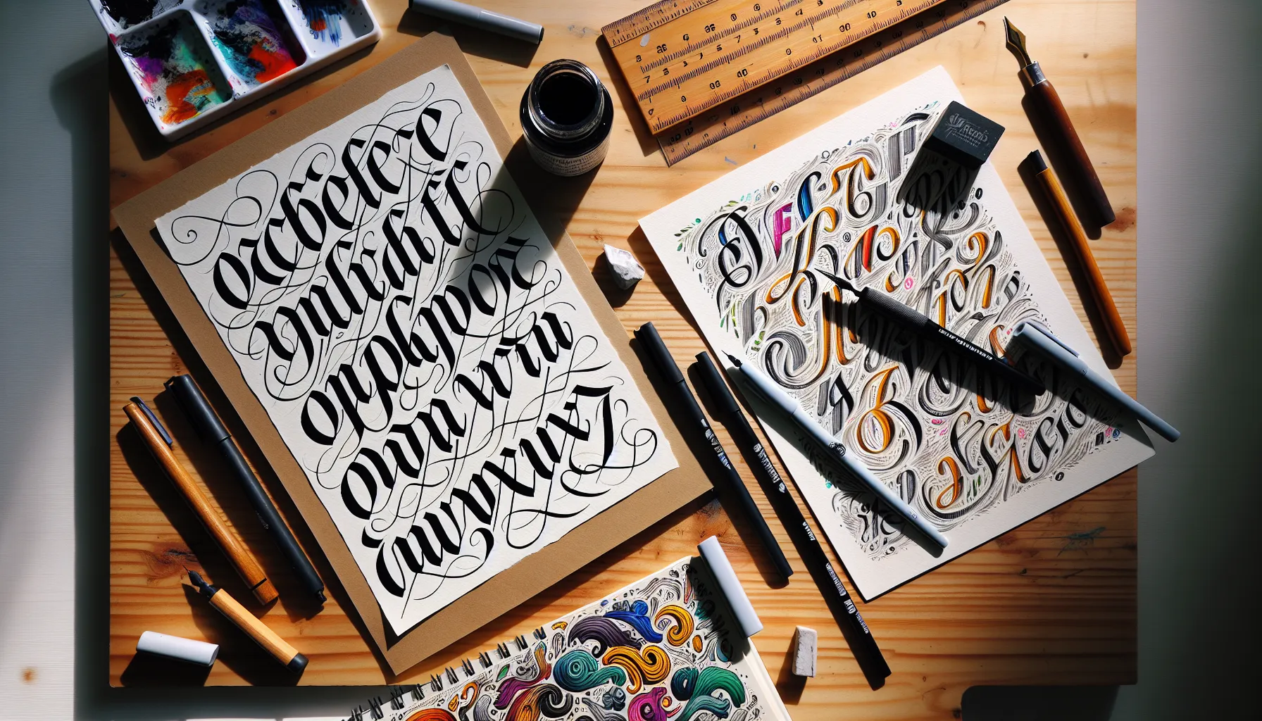 A wooden desk displaying calligraphy and hand lettering examples side by side.