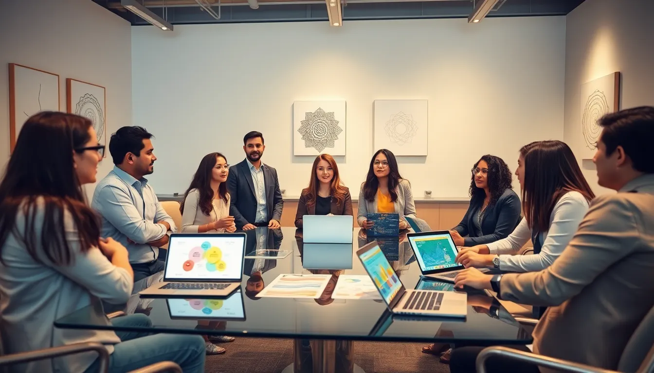 diverse professionals discussing the concept of Hạyv in a modern office.