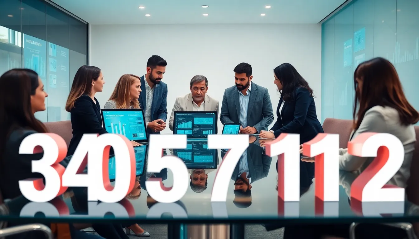 diverse professionals discussing data in a modern office.