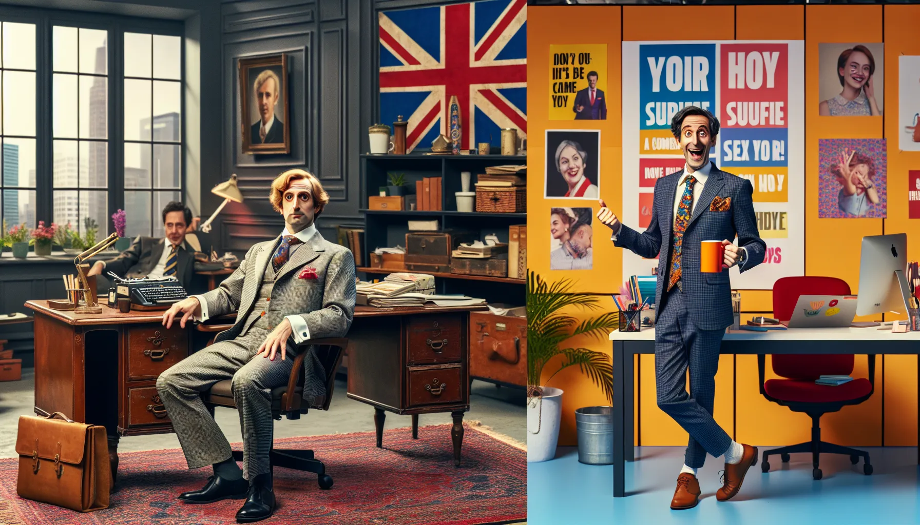 A visual comparison of British and American office settings highlighting key character styles.