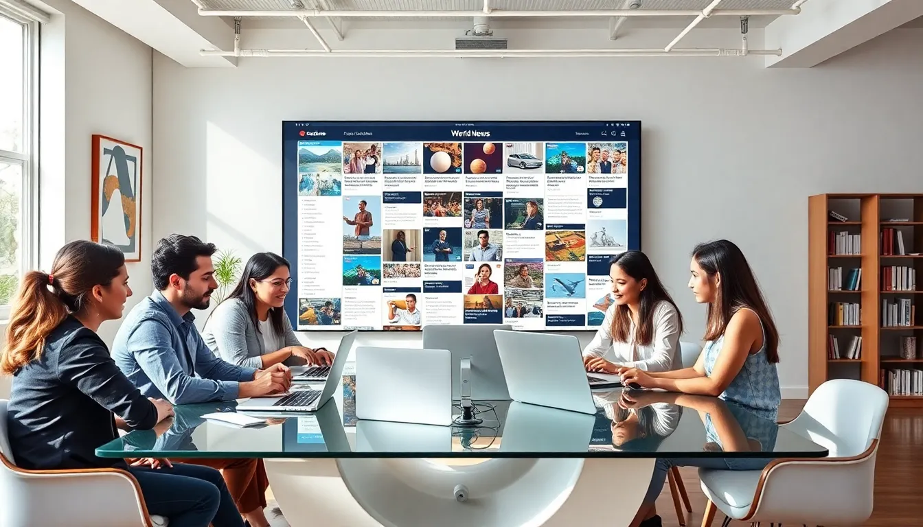 diverse team collaborating in a modern digital news archive setting.