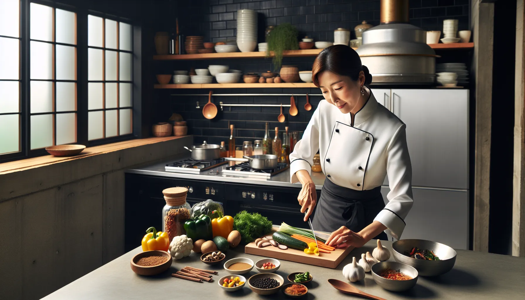 Chef preparing European-influenced dish in a modern kitchen.