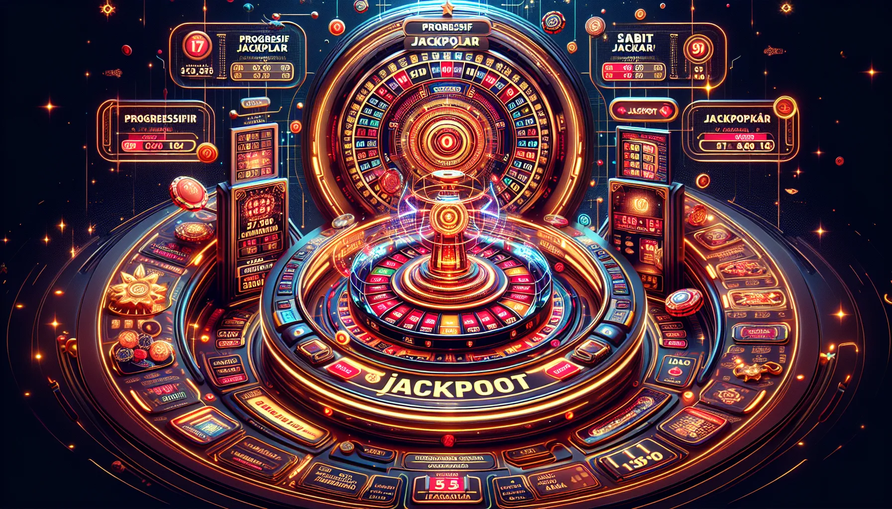 Virtual slot machine with progressive and fixed jackpots in a luxury setting.