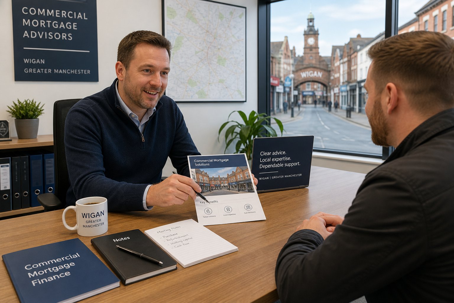 Professional mortgage advisor meeting a client in a bright modern office, reviewing commercial property finance paperwork with a local town view in the background.