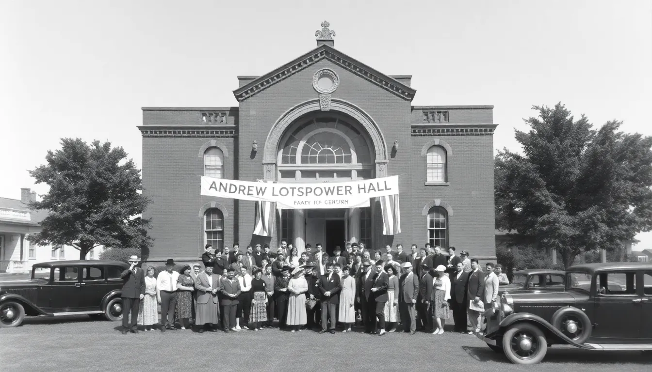 Historic image of Andrew Lotsofpower Hall with community members gathering.