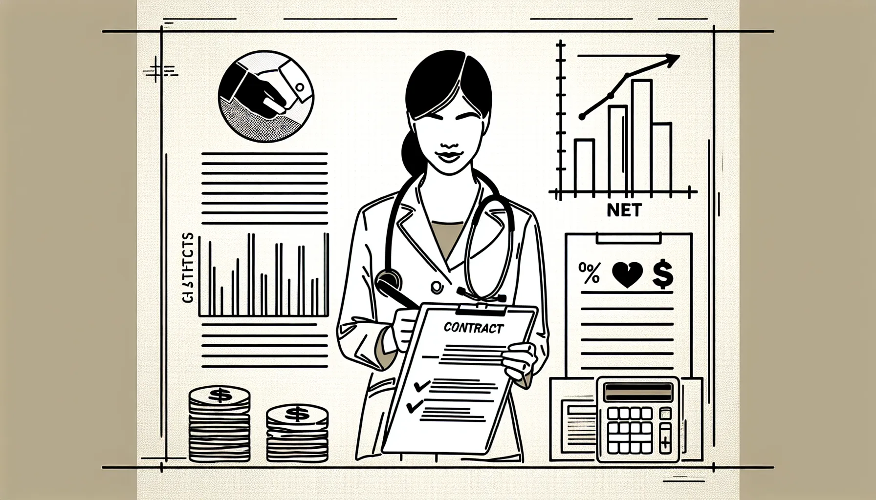 Veterinarian reviewing a contract with chart, calendar, coins, and calculator.