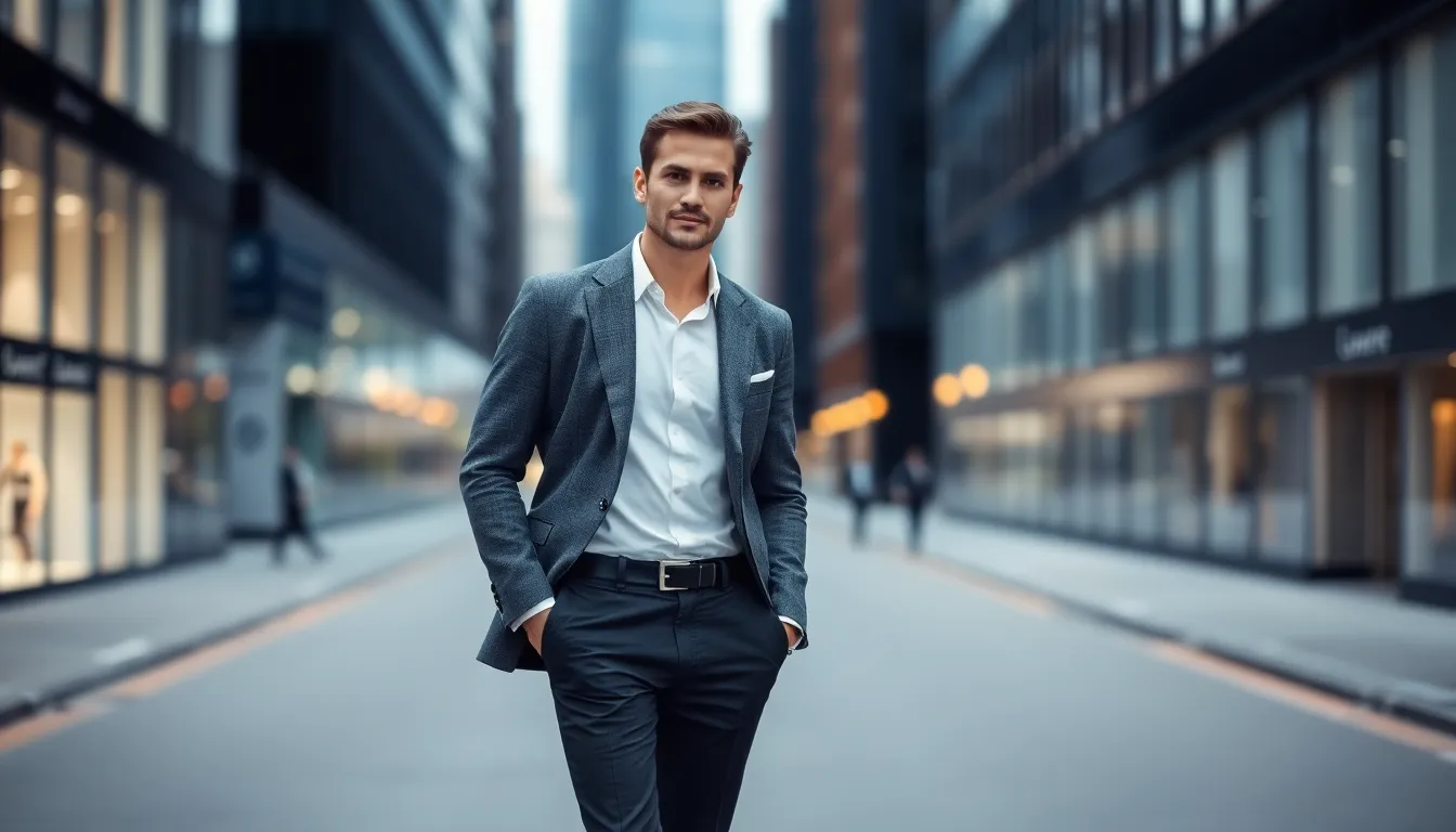 man in classic outfit with black Chelsea boots in urban setting.