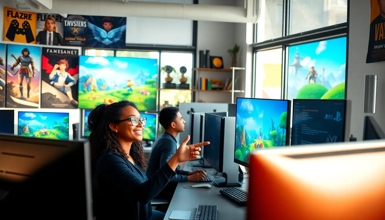 developers collaborating on a video game in a bright studio.