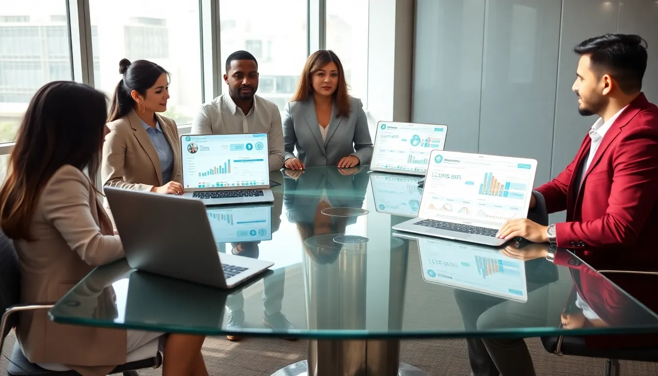 diverse team discussing URSSAF in a modern office.
