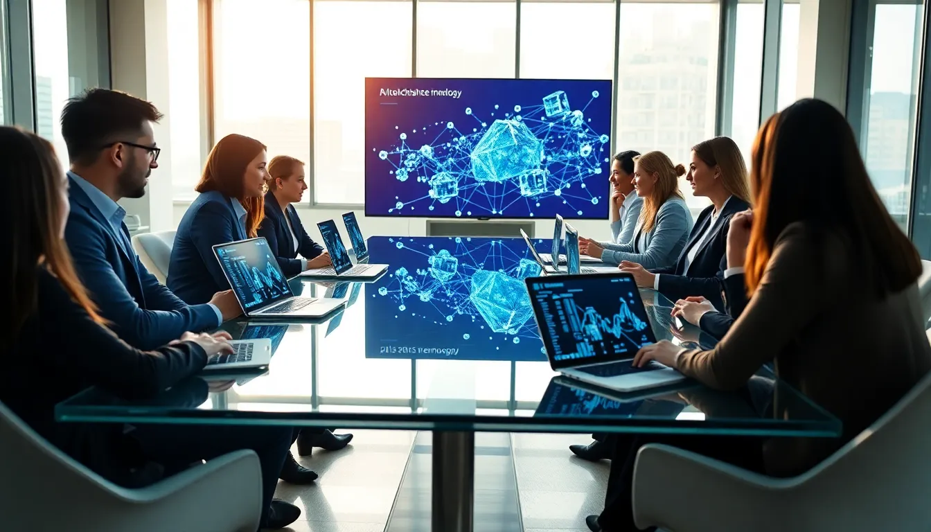 business team discussing blockchain technology in a modern office.