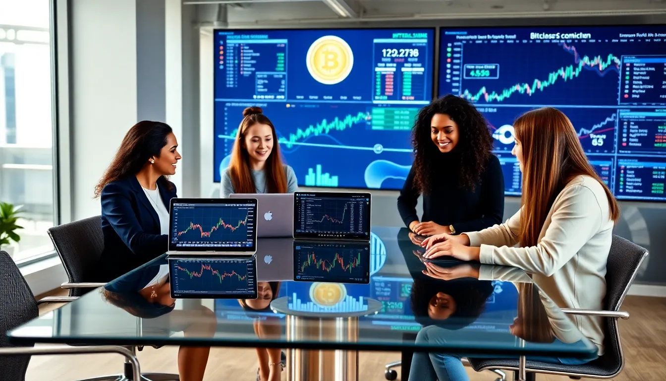 diverse group discussing cryptocurrency in a modern office.