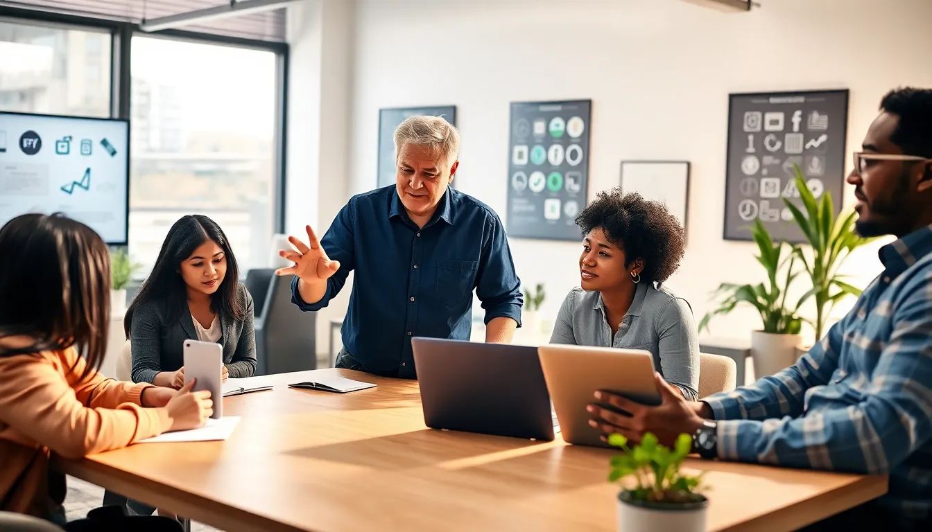 professionals collaborating in a modern office with LotsOfPower.net archives on display.