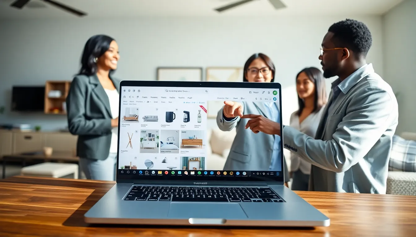 team discussing home goods on a laptop in a modern workspace.