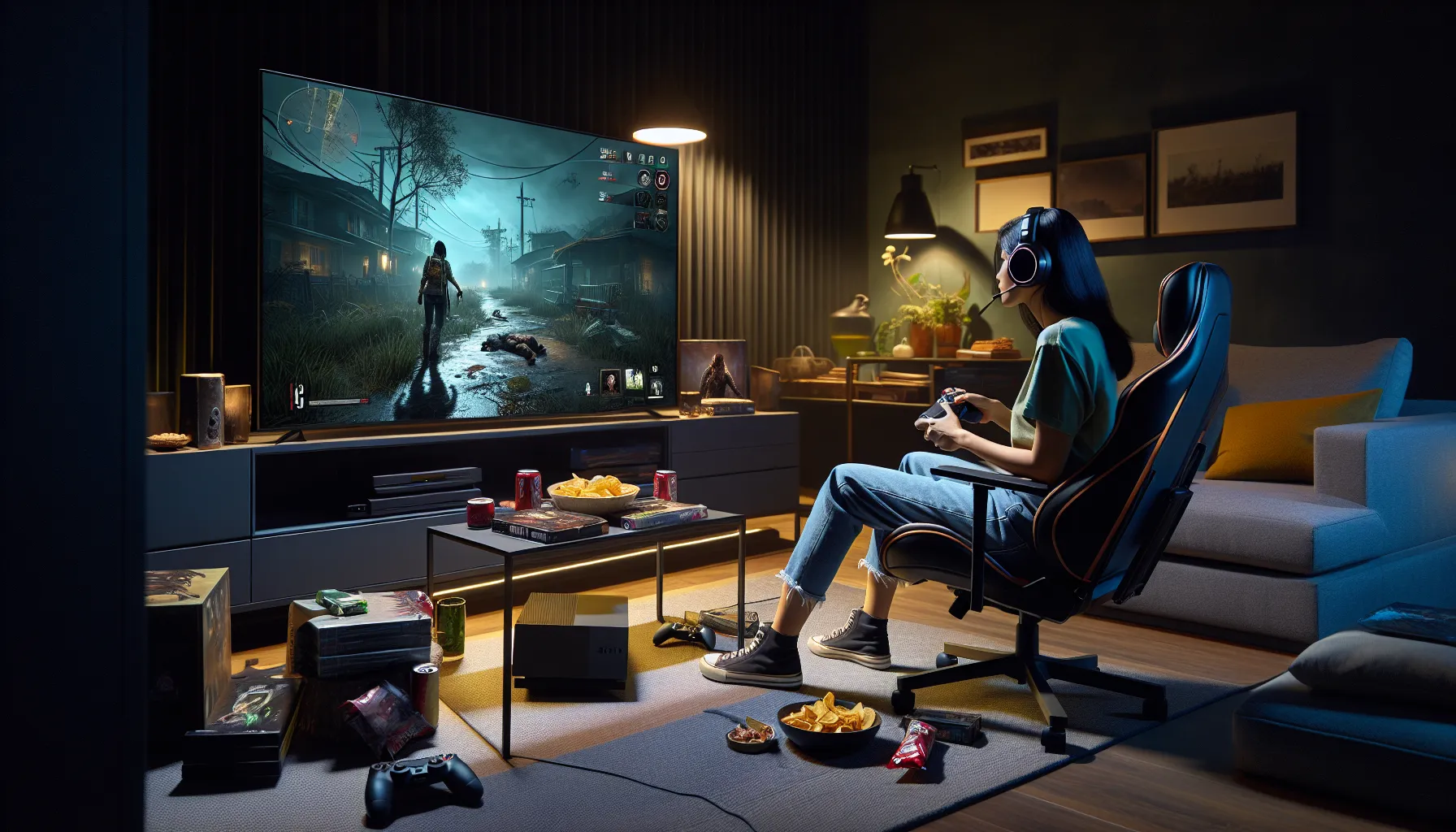 gamer playing DayZ offline on Xbox One in a cozy living room.