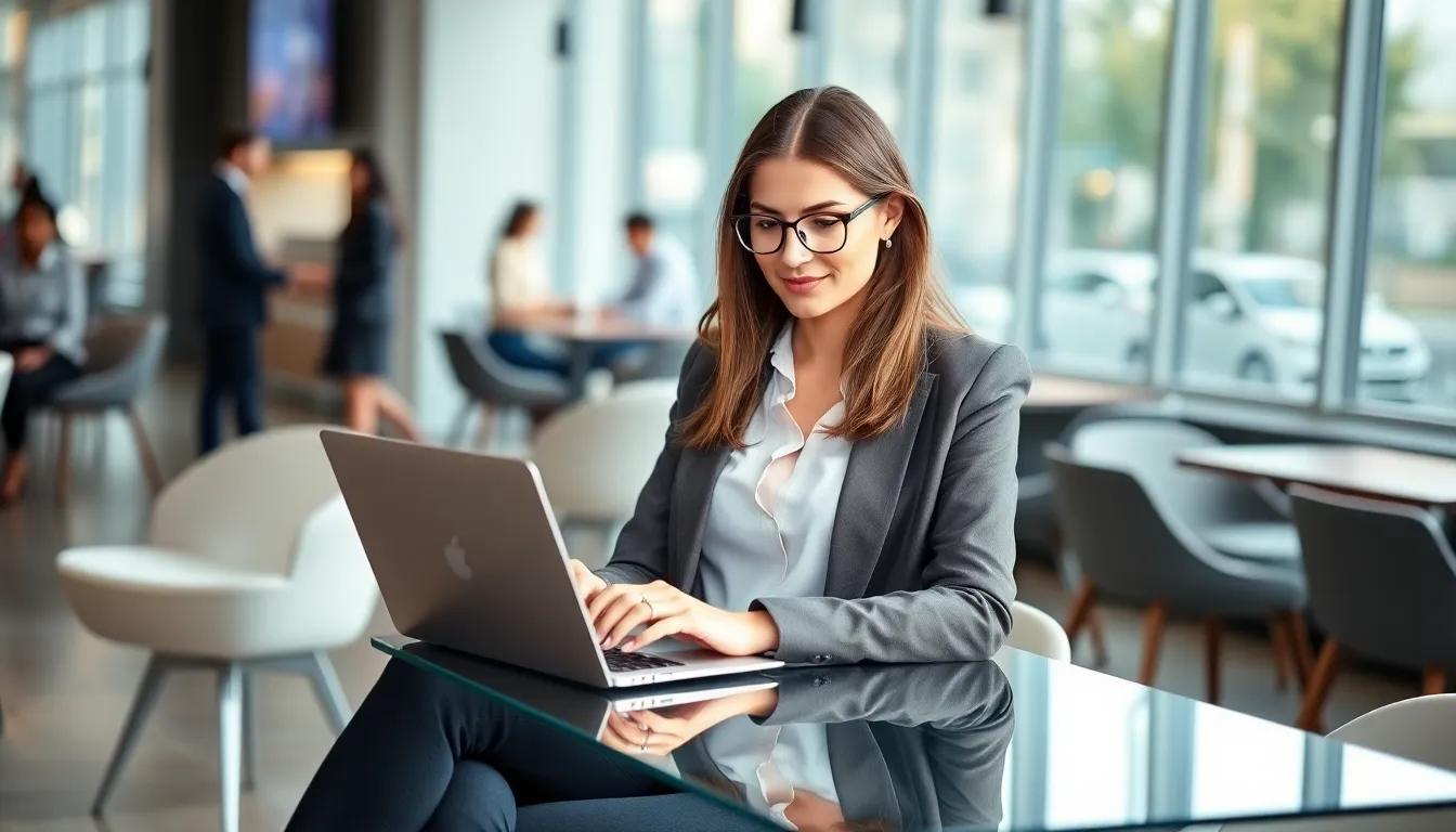 woman using a 13-inch laptop in a modern coffee shop.