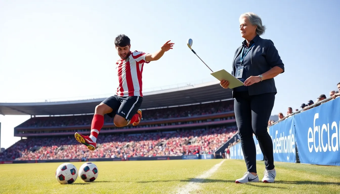 A football player juggling a ball with a golf observer on the sidelines.