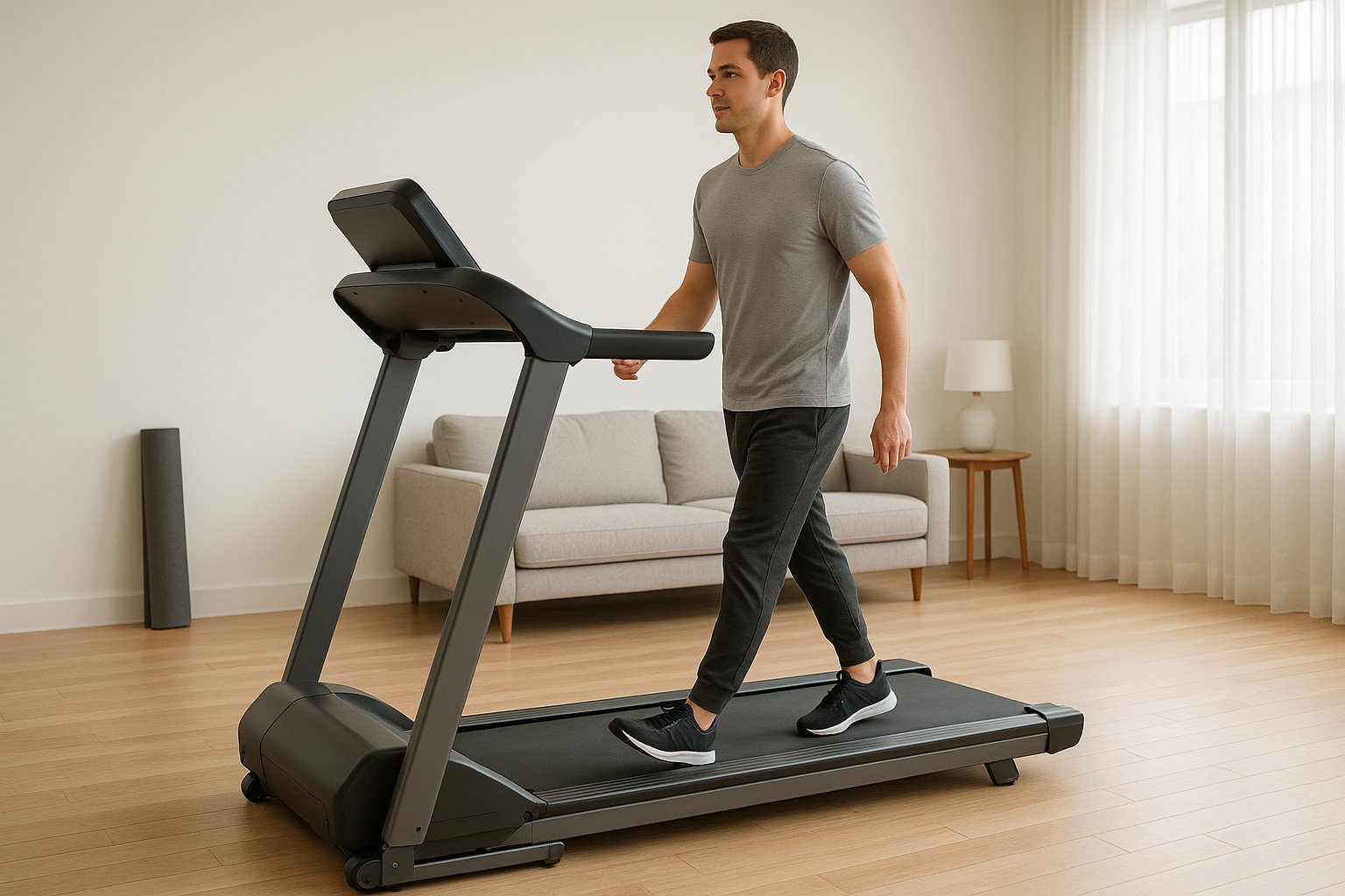 Person lightly running on a folding treadmill in a modern apartment.