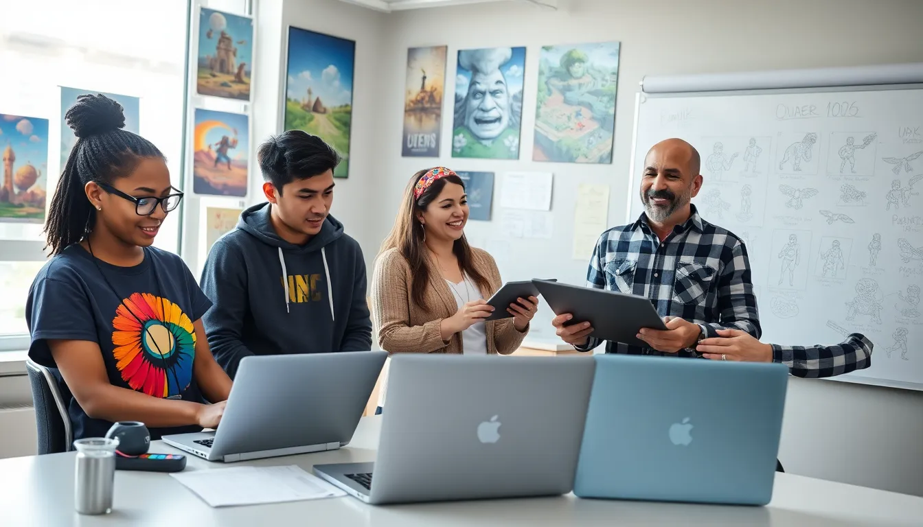 a diverse team of game developers collaborating in a modern office.
