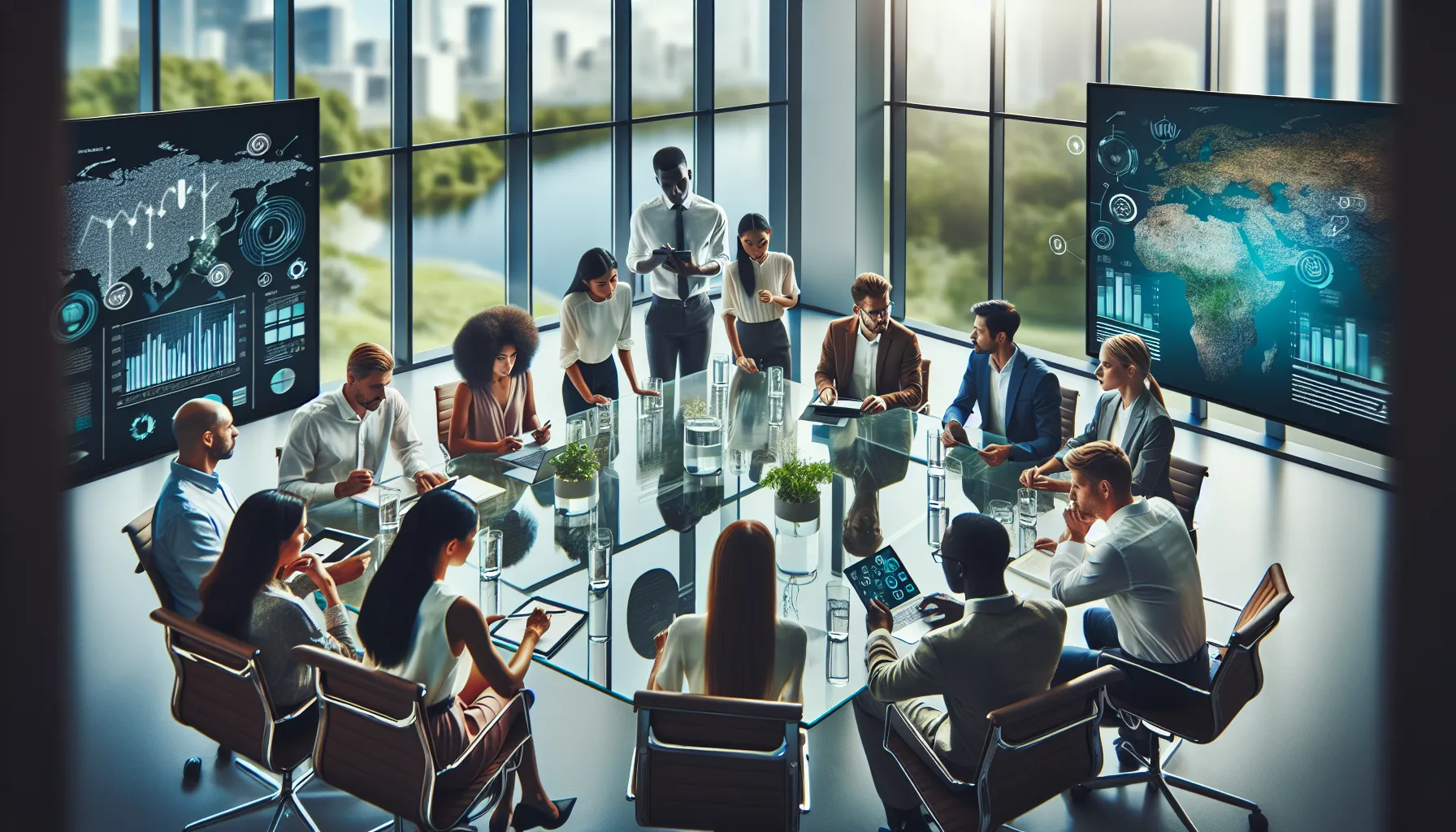 professionals discussing water conservation strategies in a modern conference room.