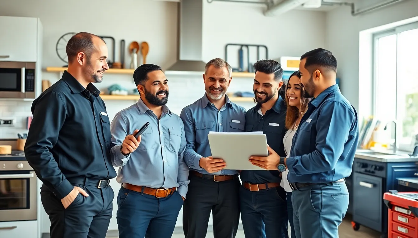 diverse technicians collaborating in a modern kitchen setting.