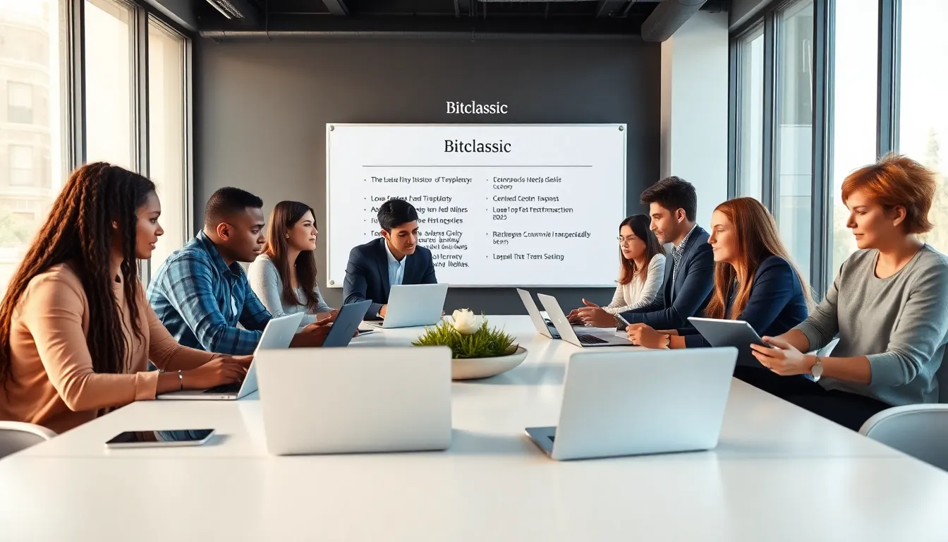 team discussing Bitclassic in a modern office setting.