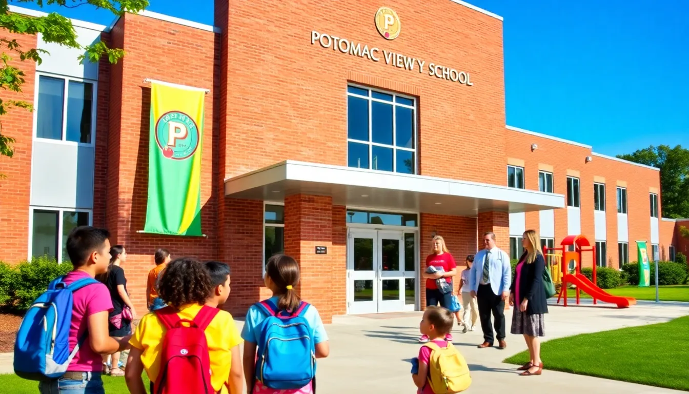 Exterior view of Potomac View Elementary School with students and teachers interacting.