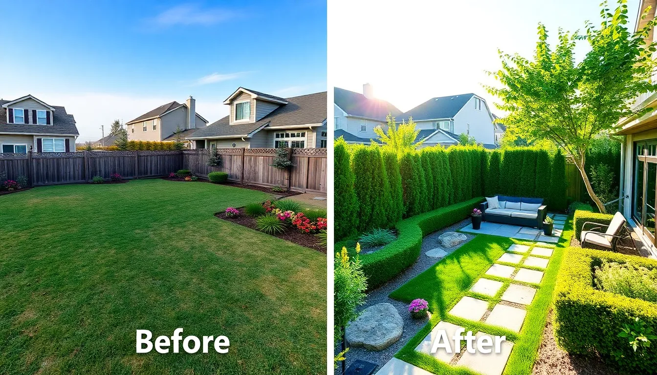before and after comparison of a landscaped yard.