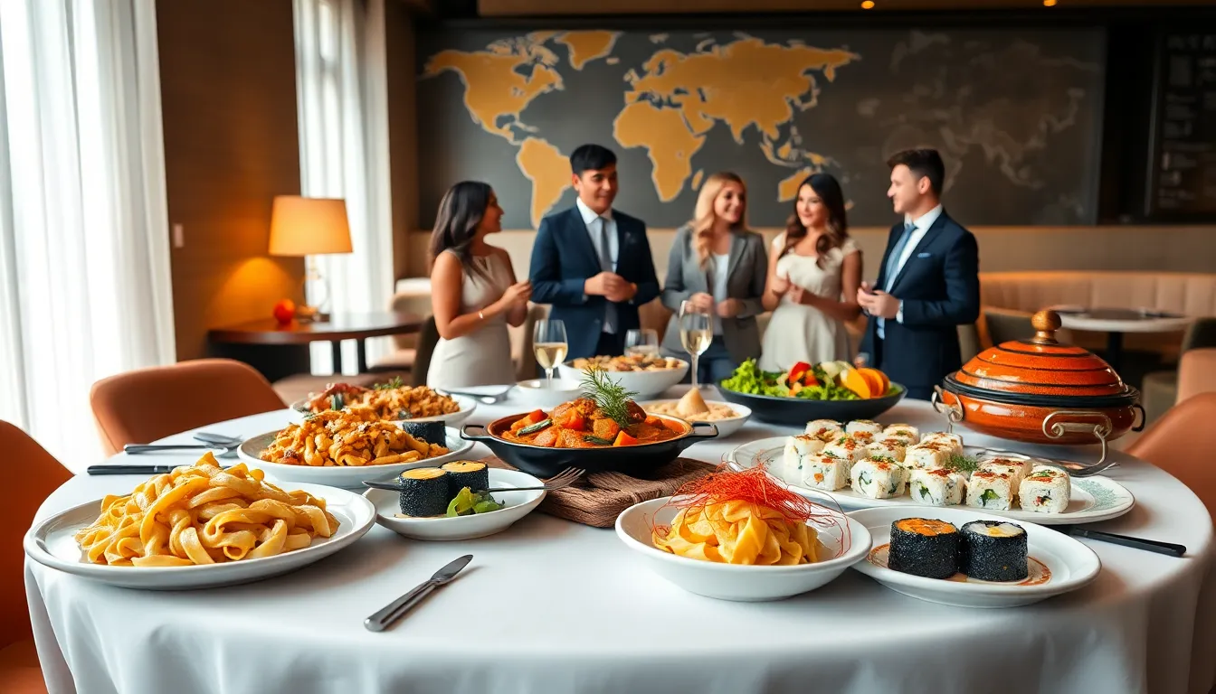 A beautifully arranged table featuring dishes from various global cuisines.