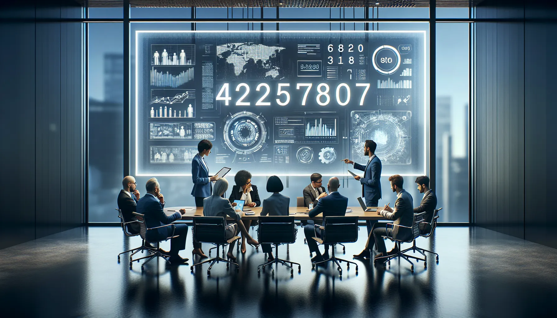 professionals discussing a number in a modern office setting.