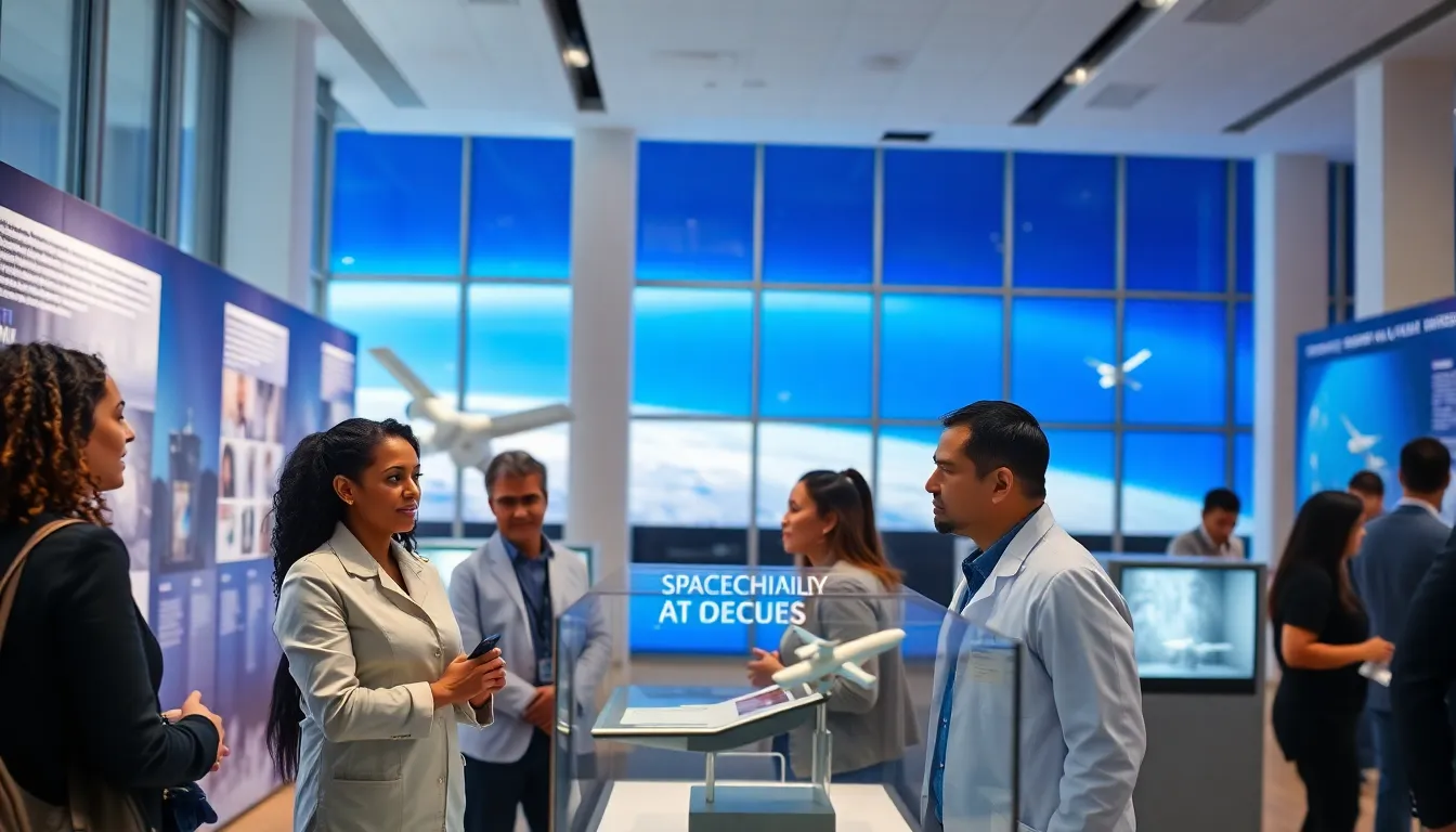 diverse professionals in a modern hall celebrating space technology innovations.