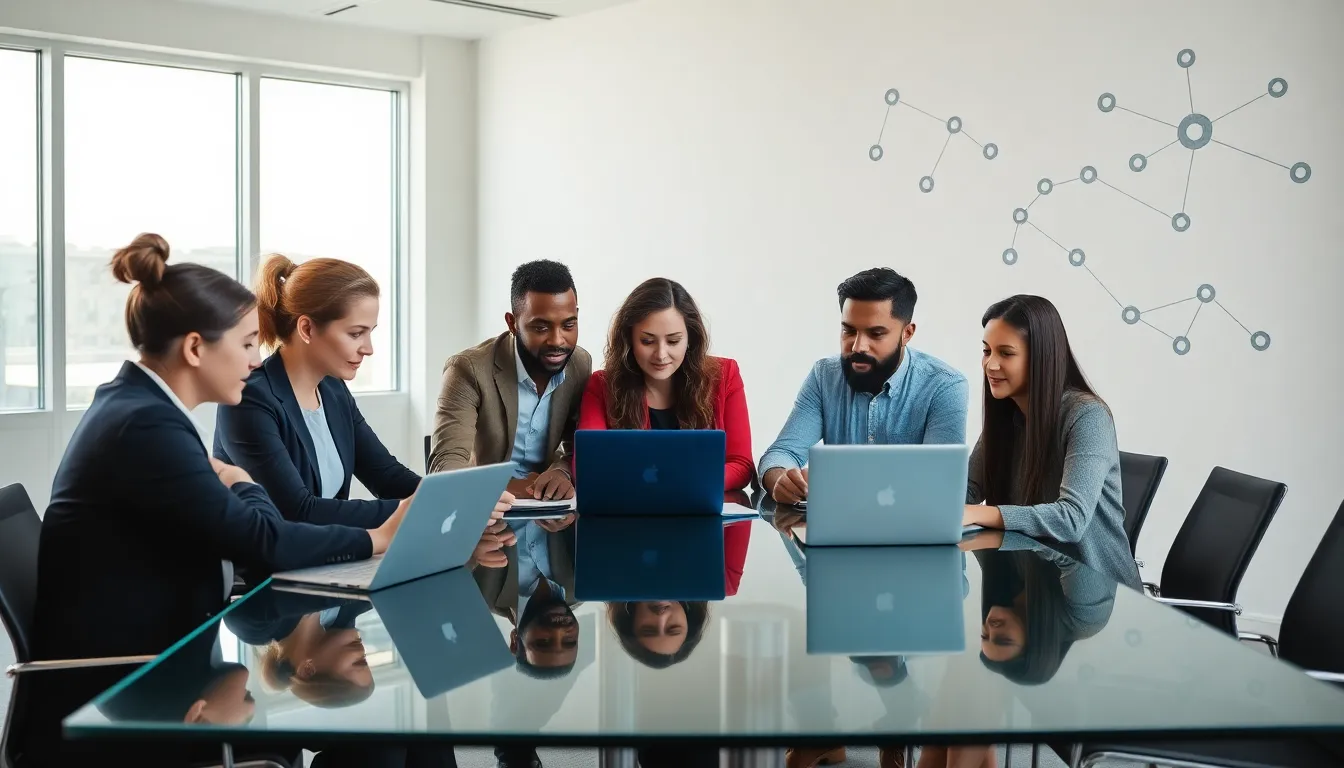 diverse tech team discussing technology in a modern office.