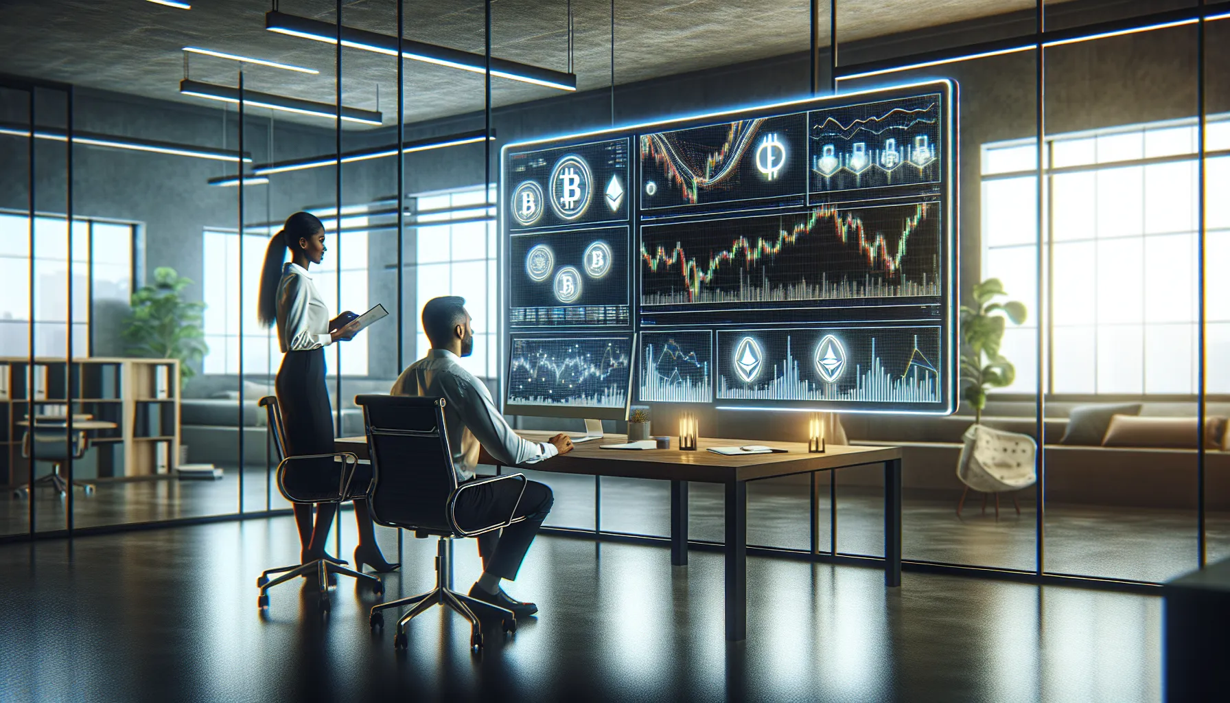 diverse professionals reviewing cryptocurrency trading analytics in a modern office.