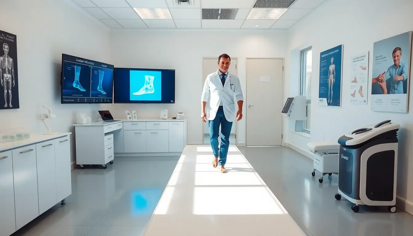 Podiatrist assessing a patient's walk in a modern Sydney clinic.