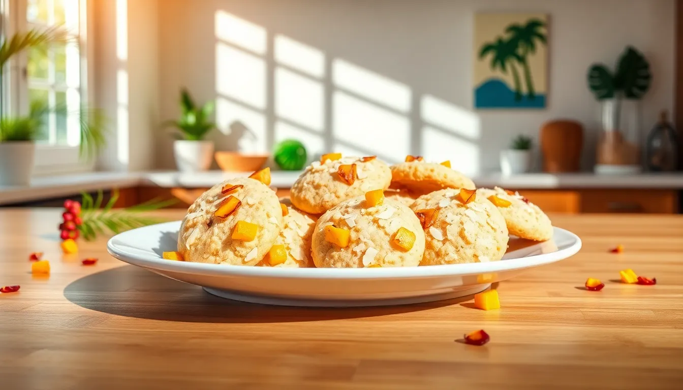 A plate of tropical cookies on a sunny kitchen counter.