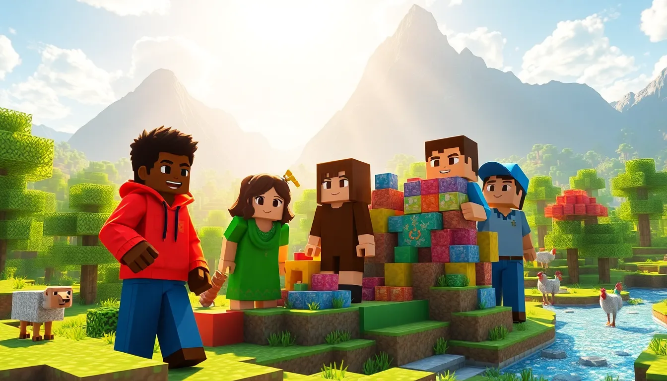 three players interacting in a colorful Minecraft landscape with new features.