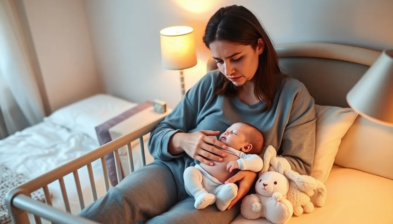 concerned parent soothing baby during nighttime sleep regression.